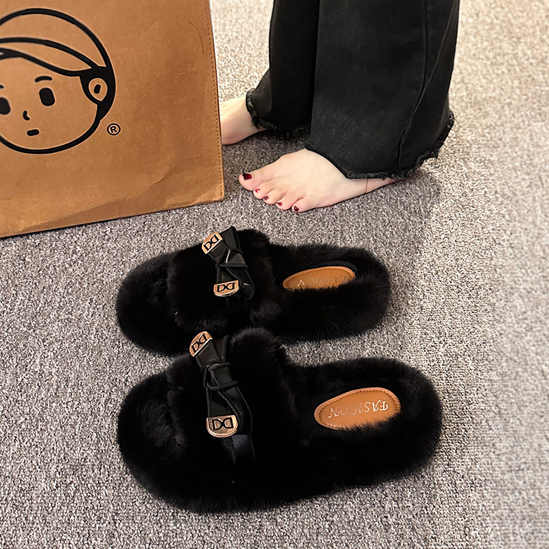 欧货爆款毛毛拖鞋女外穿2025新款秋冬厚底蝴蝶结家用室内一字棉拖,淘宝优惠券,粉丝福利购,淘宝优惠卷