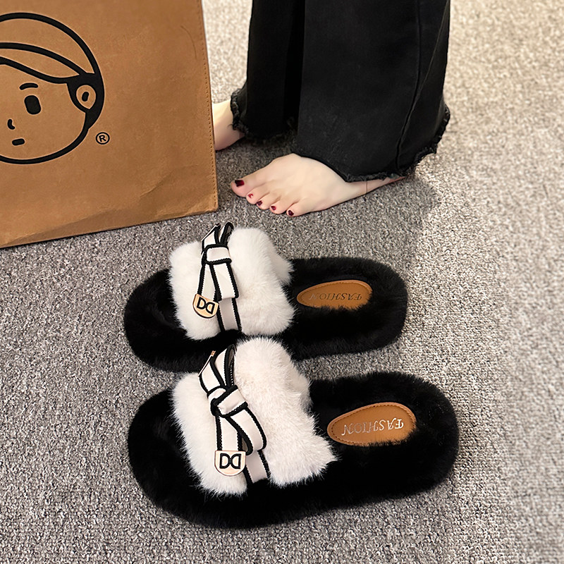 欧货爆款毛毛拖鞋女外穿2025新款秋冬厚底蝴蝶结家用室内一字棉拖,淘宝优惠券,粉丝福利购,淘宝优惠卷