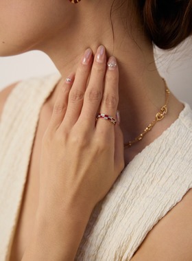 滴釉戒指女S925银红蓝撞色棋盘格开口戒指冷淡风小众轻奢高级感