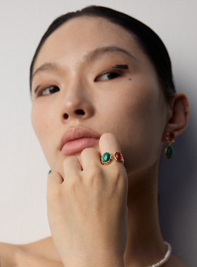 S925纯银复古天然孔雀石红玛瑙虎眼石戒指古法老钱风轻奢高级感女