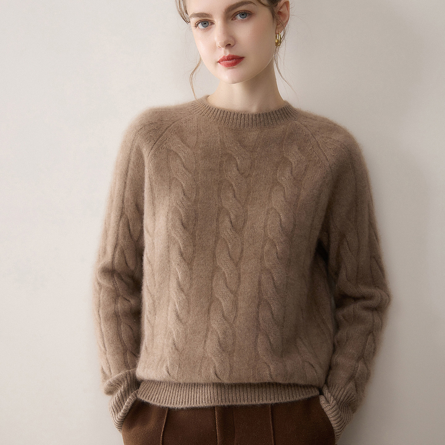 新年红！扭花圆领100%纯山羊绒衫女时尚套头长袖显瘦百搭打底毛衣,淘宝优惠券,粉丝福利购,淘宝优惠卷