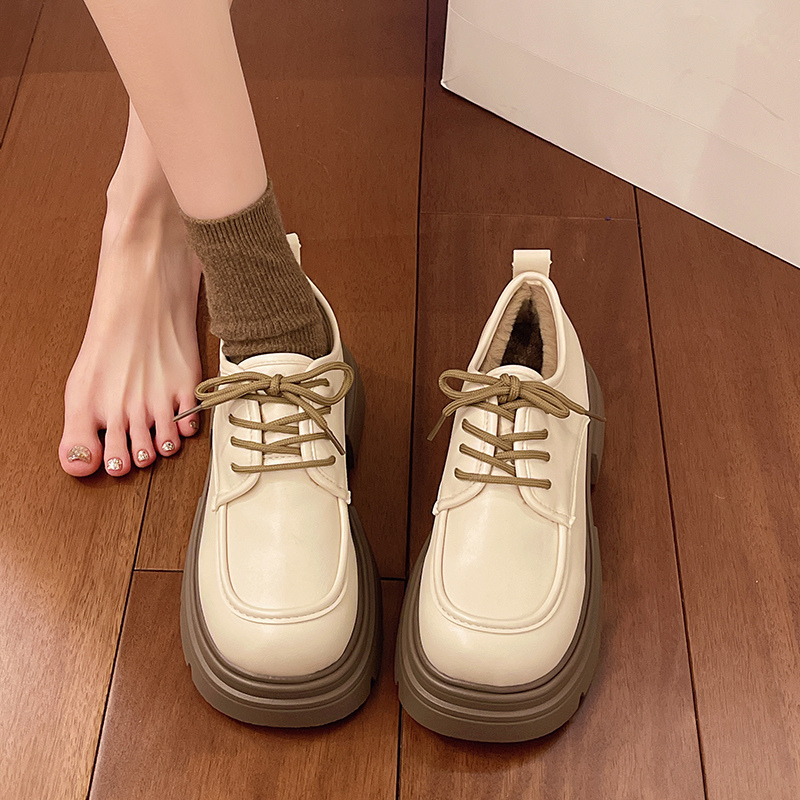 厚底增高6CM小个子黑色小皮鞋女加绒2025新款秋冬季乐福鞋二棉鞋 - 图0