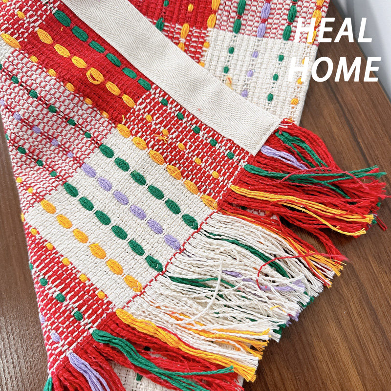 复古红白格编织流苏棉线长条桌旗桌布茶艺餐垫桌垫派对拍照道具布,淘宝优惠券,粉丝福利购,淘宝优惠卷