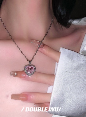 粉色爱心项链锆石不掉色女铜