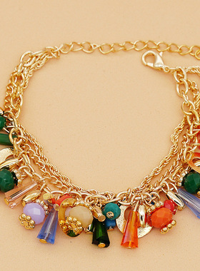 跨境货源欧美热销时尚波西米亚玻璃水晶混彩色多层串珠链条手链