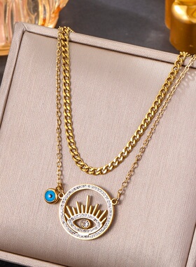 亚马逊新品欧美时尚恶魔之眼不锈钢项链女双层眼睛镶钻吊坠不掉色