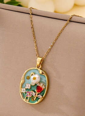 油画项链女滴油彩绘法式花朵吊坠莫奈花园时尚百搭钛钢锁骨链饰品