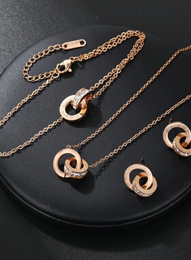 罗马双环项链女钛钢玫瑰金镶钻锁骨链网红潮时尚百搭高级感不掉色