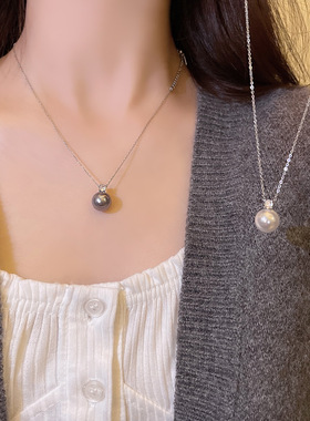 单颗黑色珍珠锆石吊坠项链女秋冬简约小众感锁骨链义乌配饰品