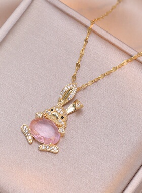 项链女镶锆石小熊兔子项链小众设计气质钛钢锁骨链时尚百搭项饰品