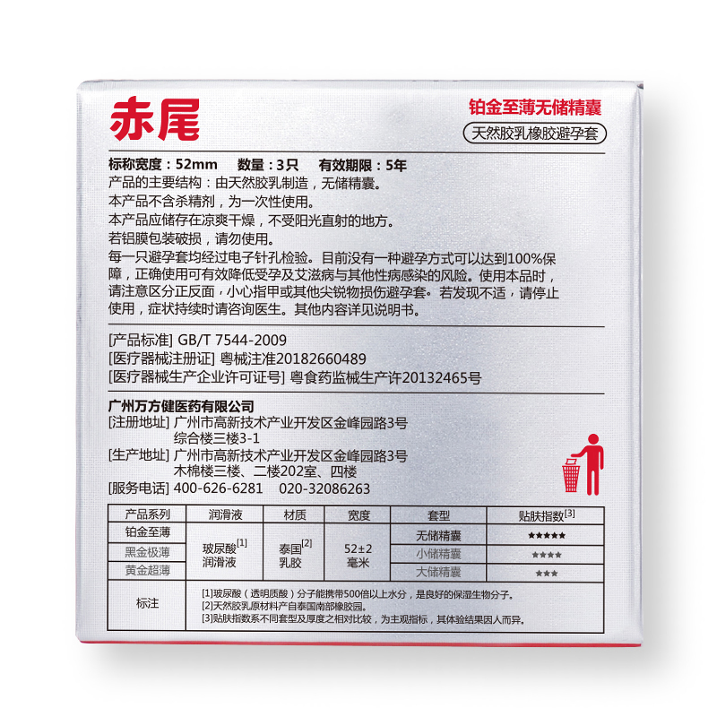 赤尾铂金系列玻尿酸避孕套安全套计生用品性用品天然乳胶套3片装 - 图1