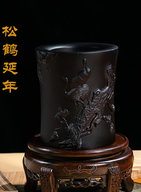 何红兵作品木雕笔筒桌面新中式