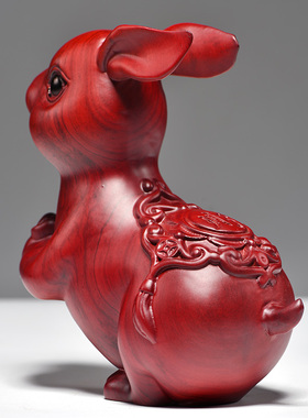 红花梨木雕兔子摆件十二生肖红色木兔实木头工艺品家居客厅装饰品
