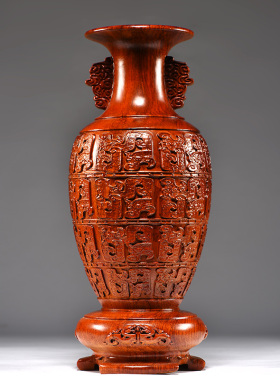 花梨木雕装饰花瓶摆件一对客厅插花E实木质家居中式红木雕刻工艺