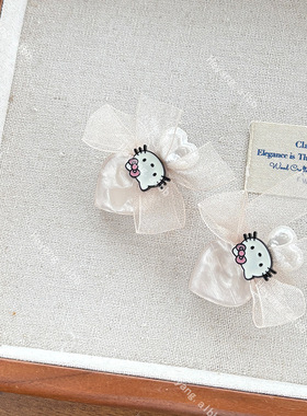 进口简约清新薄纱蝴蝶结珍珠发夹优雅气质猫咪刘海侧边夹发卡发
