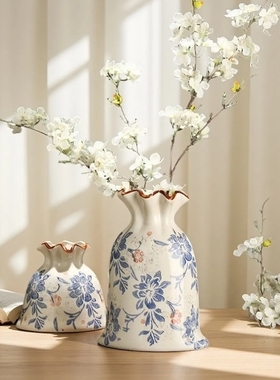 陶瓷花瓶玫瑰花古风花瓶复古风青花瓷客厅玄关摆件装饰玄关鲜花