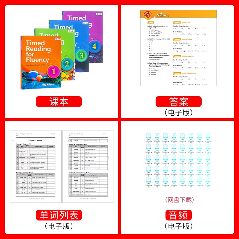 美国原装进口compass出版Timed Reading for Fluency 1-4级寒暑假短期阅读教材小学高年级初高中流利阅读计时器CEFR A2扫描听音频 - 图1