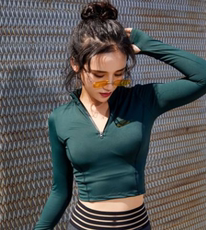 Куртка для йоги 前拉链性感露肚脐健身服女长袖透气速干套头运动瑜伽上衣