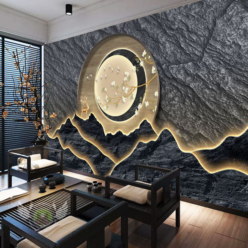 3d立体浮雕岩石墙纸中式多层假山岩板背景墙茶室餐厅饭店装修壁纸