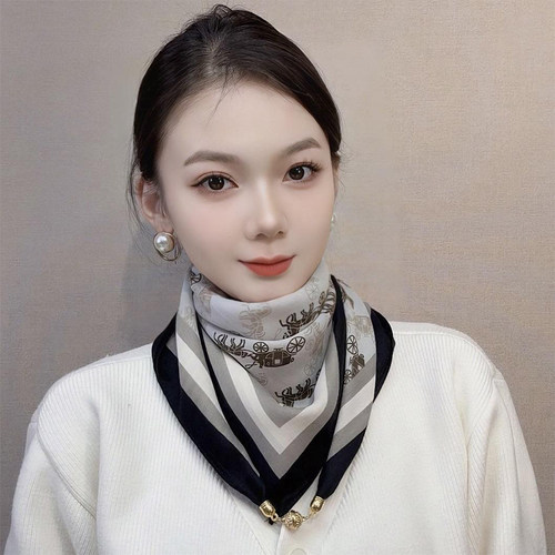 新款磁吸扣棉麻方巾春秋丝巾女时尚高级感围巾桅子花方巾护颈围脖 - 图0