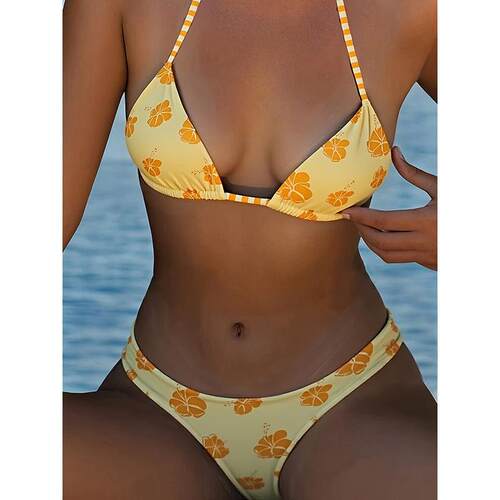 2 Pcs Womens Bikini Swimsuits Floral Print Halter Tops With - 图0