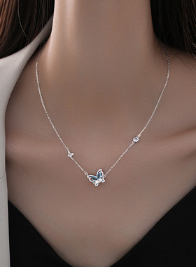 蓝色蝴蝶项链女轻奢小众设计