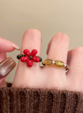 多巴胺红色花朵串珠戒指女