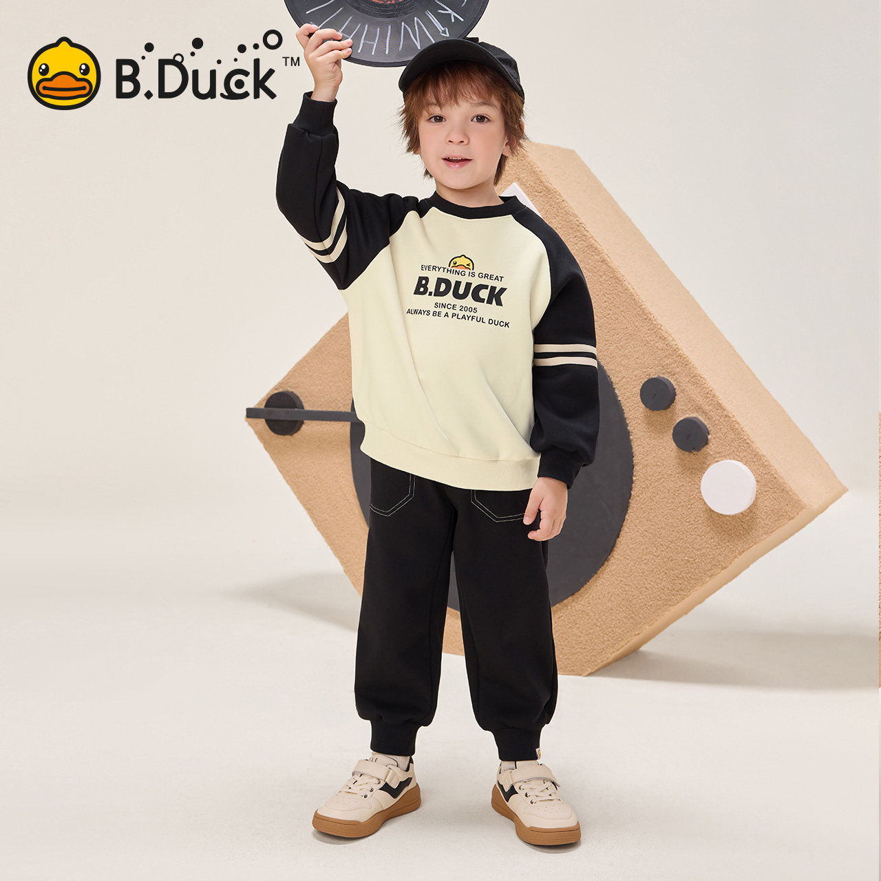 bduck小黄鸭童装男童套装加绒冬季运动服儿童卫衣长裤保暖两件套
