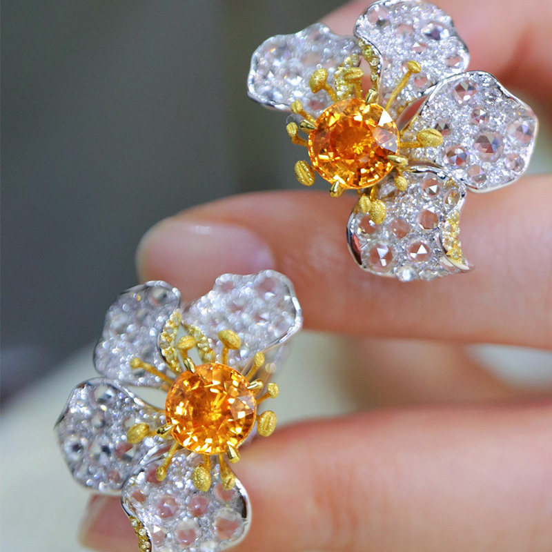 宝创集18K金6.43克拉天然芬达石白蓝宝耳钉戒指花朵套装真金真钻,淘宝优惠券,粉丝福利购,淘宝优惠卷