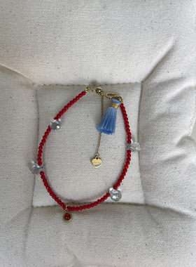 奶酪cheese 新中式流苏撞色 复古红色小米珠天然石水晶吊坠手链