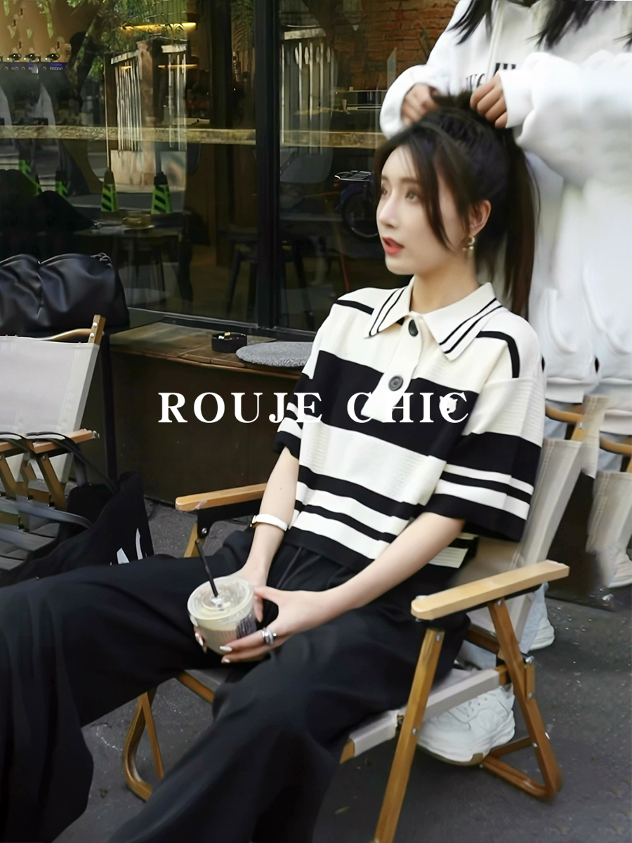 法国Rouje Chic复古短款设计感条纹上衣polo领短袖针织t恤夏季女 - 图1