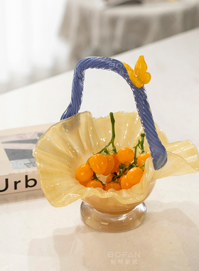 柏梵中古拼色花篮艺术果盘