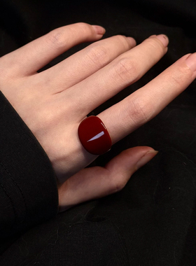 S925银酒红色滴釉几何戒指戒指女