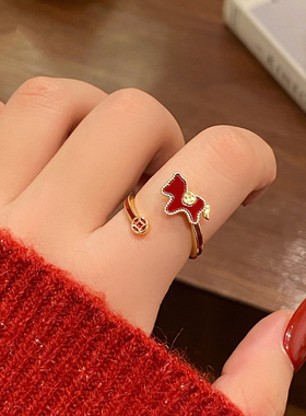 S925纯银可旋转小马铜钱戒指轻奢