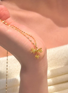 纯银复古少女金色蝴蝶结星星项链