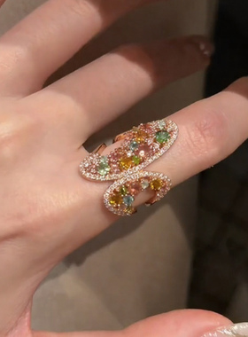 纯银老钱风彩色镂空蝴蝶锆石戒指
