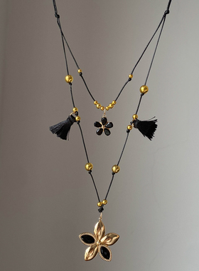 S925银美拉德黑金花朵串珠项链女