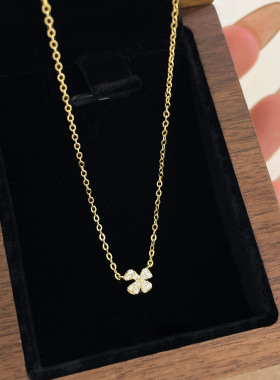 S925纯银金色mini闪钻四叶花项链