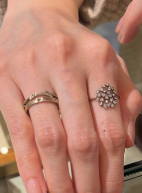 S925纯银老钱风镂空镶钻素圈戒指