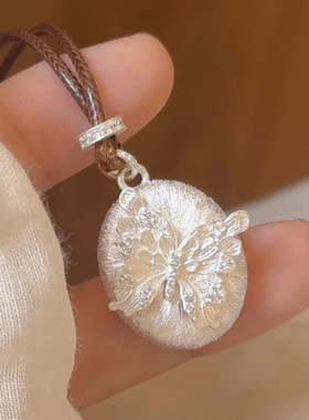 S925纯银新中式拉丝蝴蝶吊坠项链