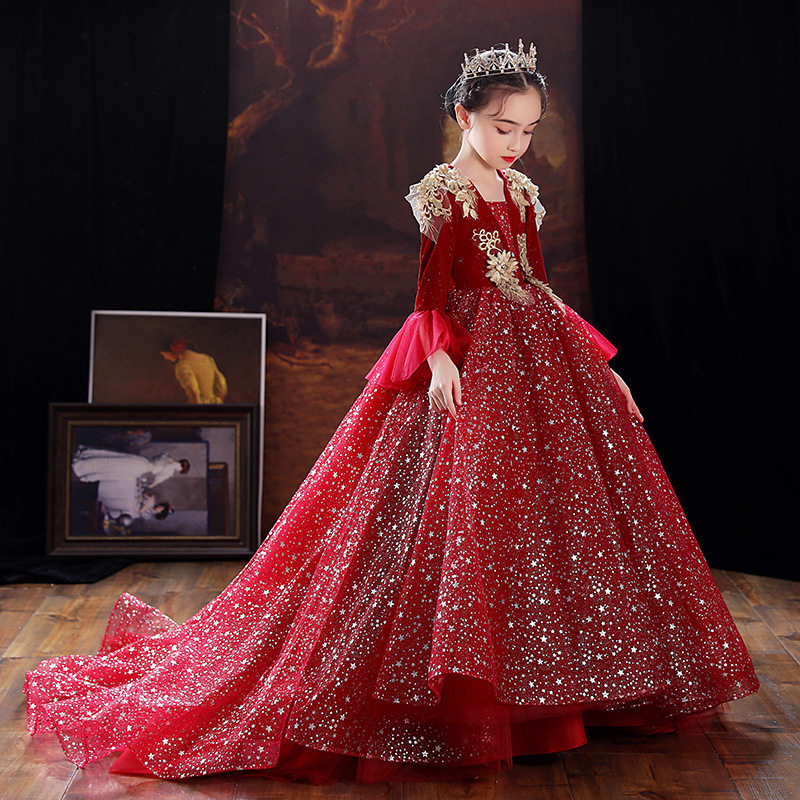 2025新款女童红色主持人礼服年服走秀生日蓬蓬纱儿童高级感公主裙,淘宝优惠券,粉丝福利购,淘宝优惠卷