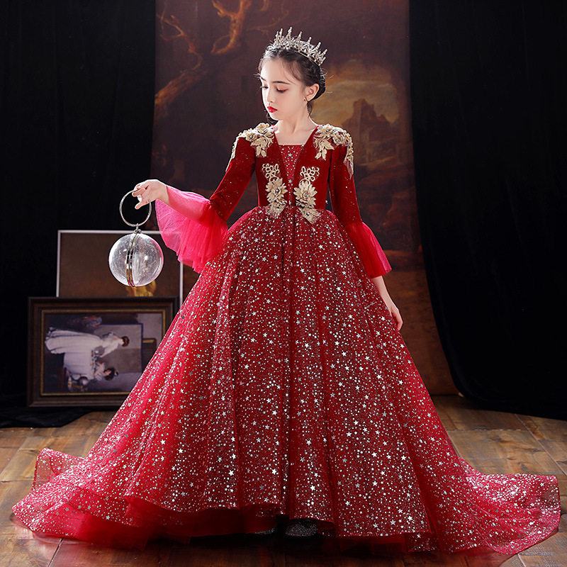 2025新款女童红色主持人礼服年服走秀生日蓬蓬纱儿童高级感公主裙,淘宝优惠券,粉丝福利购,淘宝优惠卷