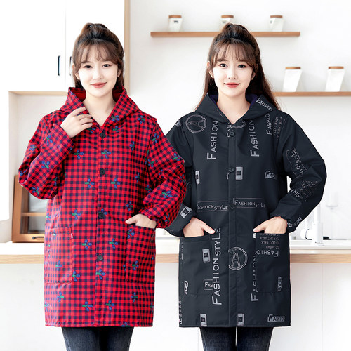 长袖加绒加厚围裙罩衣大人家用厨房防水防油做饭女新款工作服冬季 - 图1