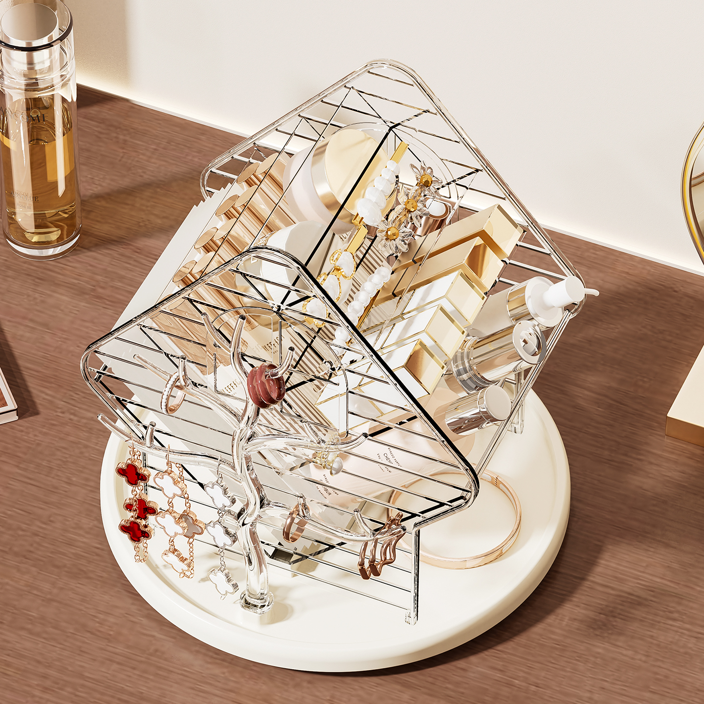 旋转化妆品收纳盒桌面高级感口红整理盒梳妆台护肤品化妆刷置物架