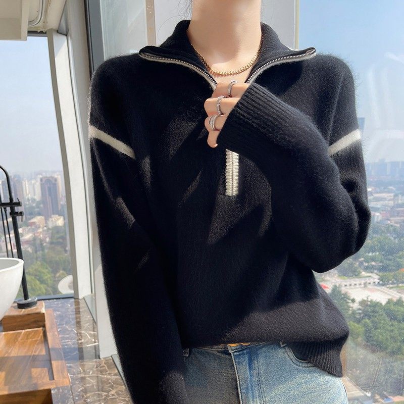 高级感拼色翻领拉链100纯羊绒衫女秋冬气质慵懒毛衣针织羊毛打底,淘宝优惠券,粉丝福利购,淘宝优惠卷