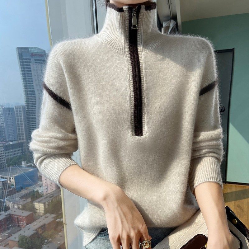 高级感拼色翻领拉链100纯羊绒衫女秋冬气质慵懒毛衣针织羊毛打底,淘宝优惠券,粉丝福利购,淘宝优惠卷