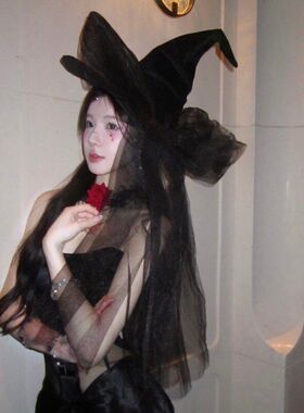 万圣节cos黑色网纱蝴蝶结女巫帽魔法暗黑巫师帽肯豆少女蕾丝头饰