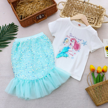 Mermaid girls suit 2024 summer new style pure cotton baby short-sleeved T-shirt sequined fishtail skirt suit