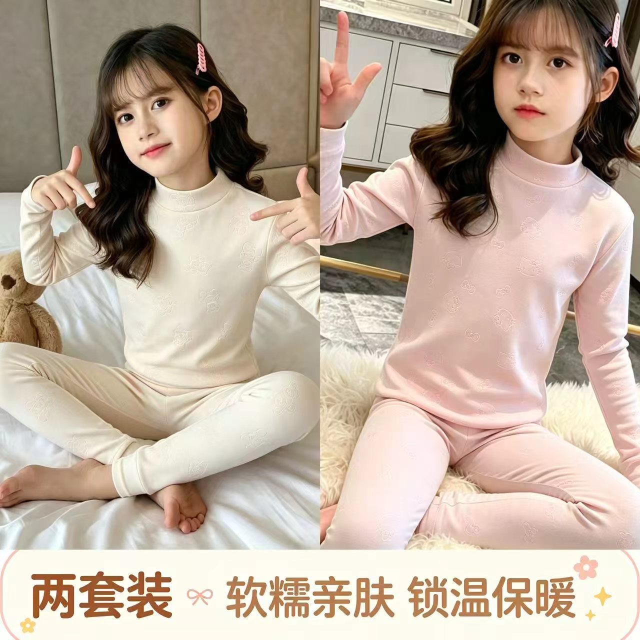Autumn and winter children's German velvet home clothes autumn clothes and long pants two-piece set for boys and girls half turtleneck pajamas thermal underwear set