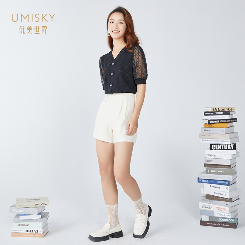 umisky优美世界女装春季时尚百搭简约显瘦阔腿短裤VI1F1014 - 图2